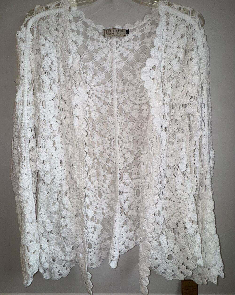 NWT Bad Little Country Girl White Open Front Crochet Design Floral Rosettes